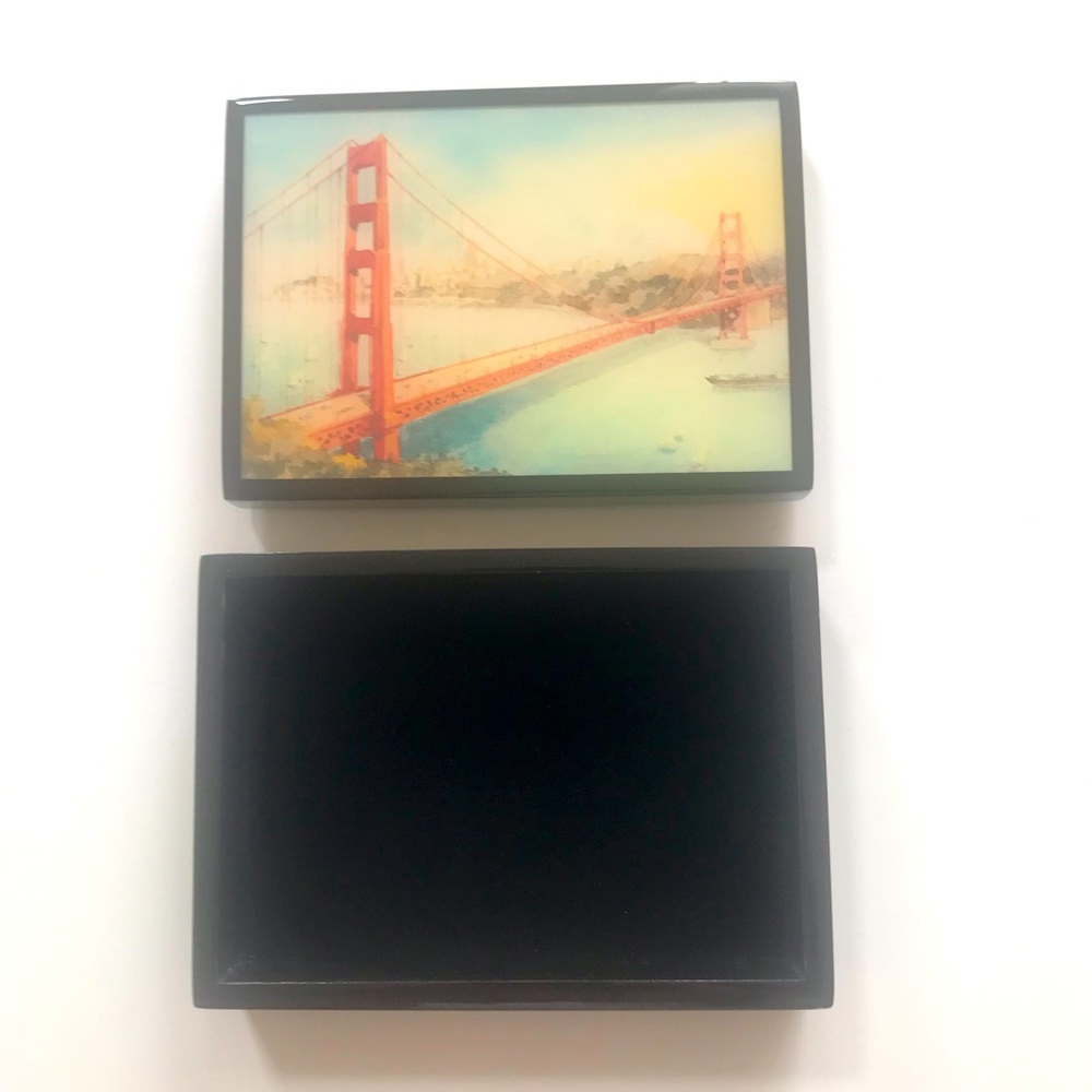 Golden Gate Bridge Watercolor Scene Jewelry Storage Box Black Lacquer Gloss NWT - Picture 6 of 12